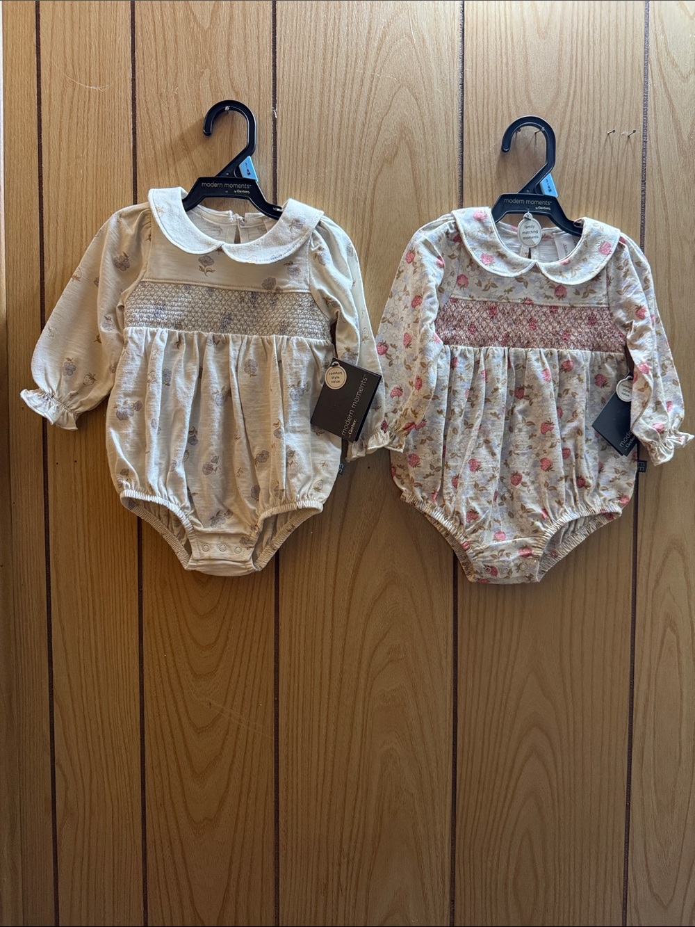 Gerber Cream and Floral Smocked Long-Sleeve Baby One-Piece Bodysuits